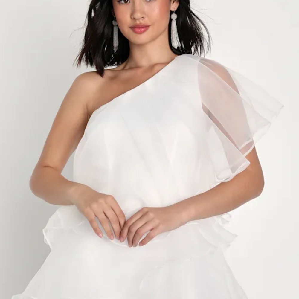 Lulu's One Shoulder White Ruffle Dress - Picture 4 of 4